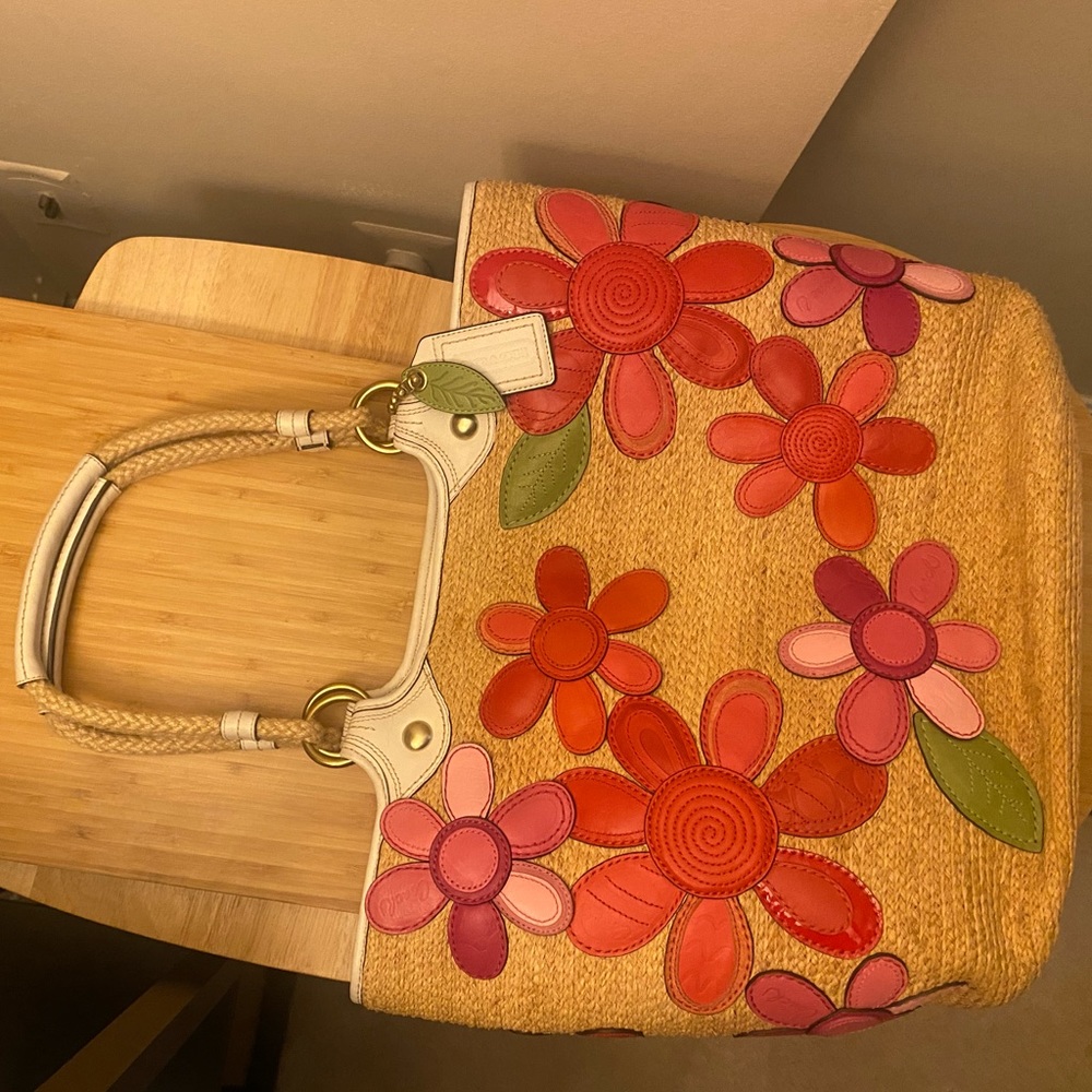 Coach Floral Straw Tote Bag